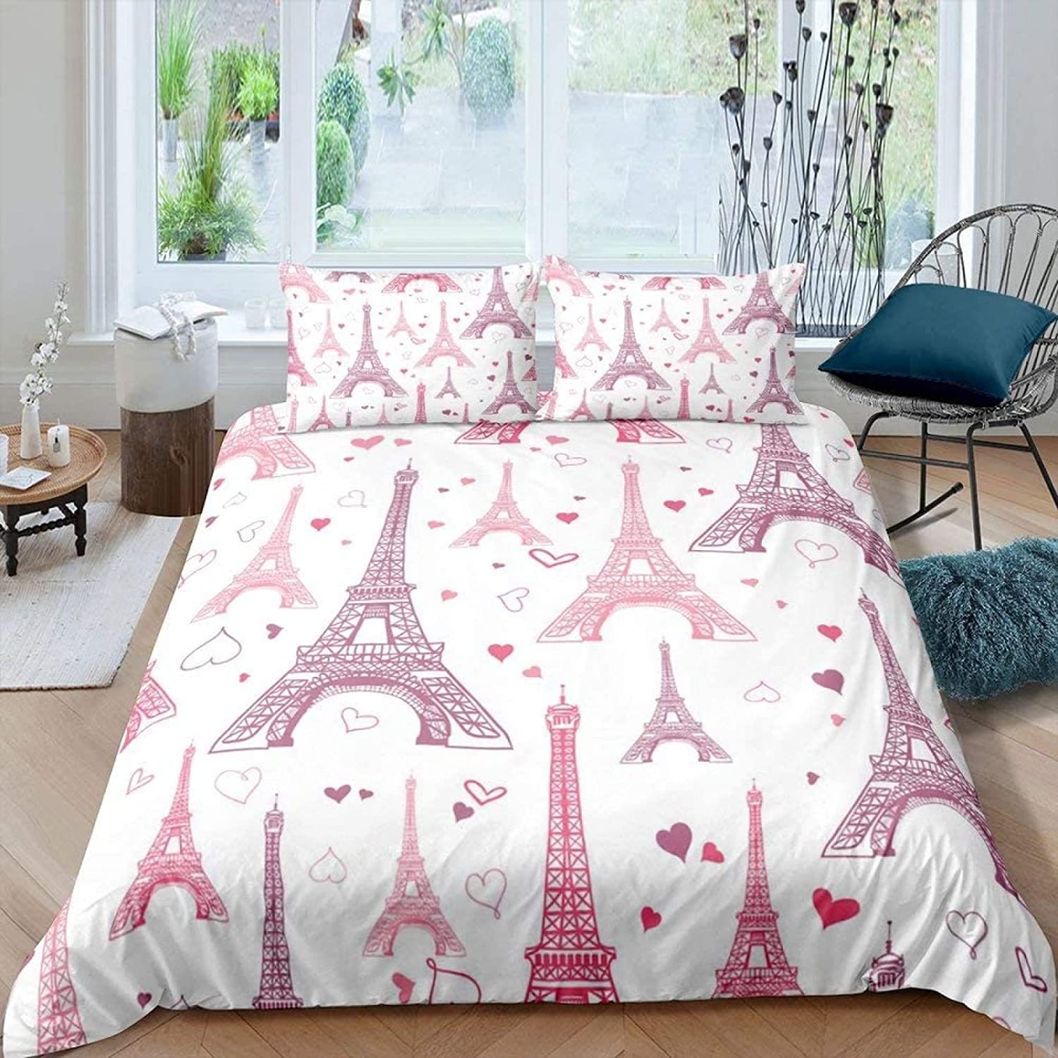 

Paris Duvet Cover Set Polyester Paris Theme White Pink Stripe World-Famous Architecture Creativity Double Queen King Quilt Cover EU single(135x200cm)