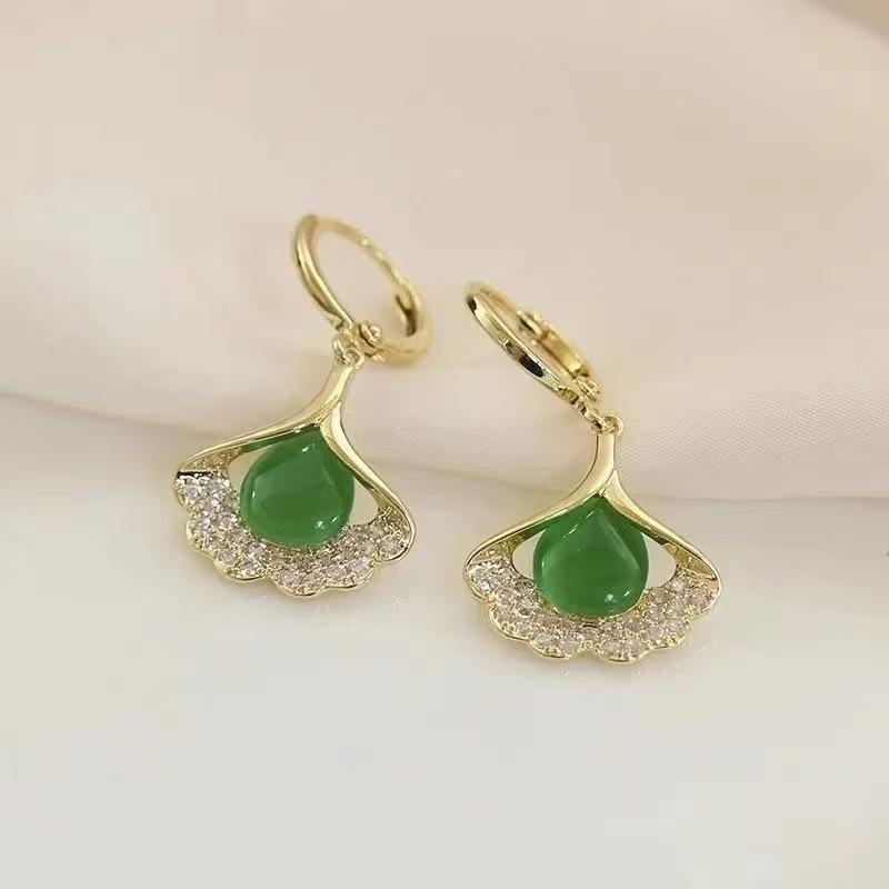 Green Cat Eye Ginkgo Leaf Rhinestone Earrings - High-End Retro Fashion
