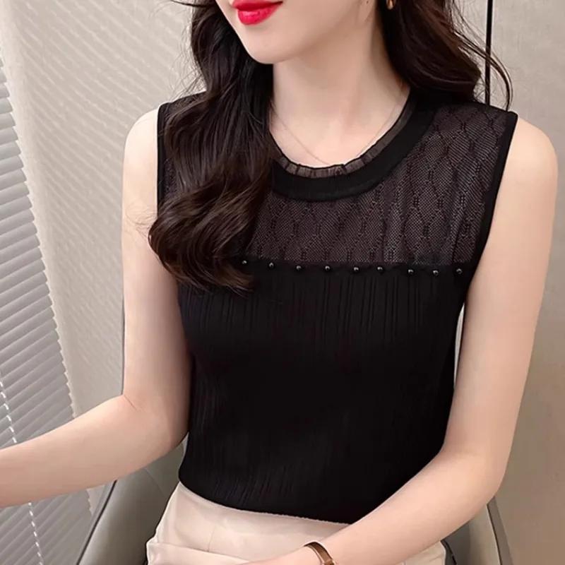 Letní dámský síťovaný patchwork tílko bez rukávů žebrovaný úplet štíhlá camisole