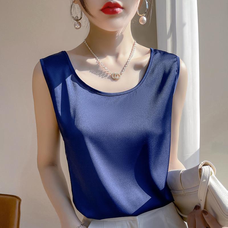 

Жіночий топ-майка з шовку шовковиці: Чорно-білий, З круглим вирізом, Вільна атласна базова майка, Літній топ M