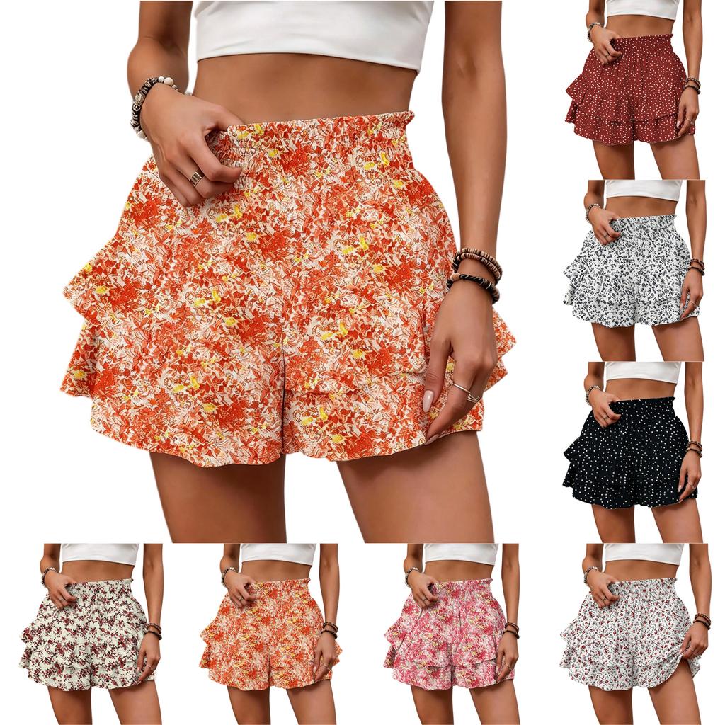 Women's Summer Fashionable Elastic Waist Floral Print Holiday Casual Shorts