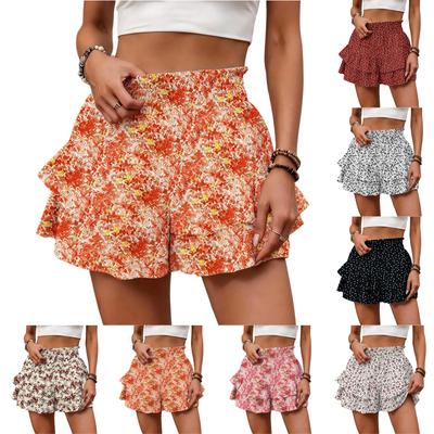 Women’s High Waist Ruffle Hem Polka Dot Print Casual Loose Fit Shorts with Elastic Waistband and Layered Design