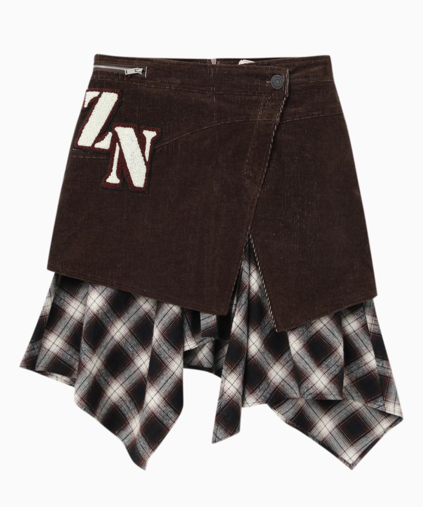 Jenyujeu Layers Corduroy Check Skirt - Brown