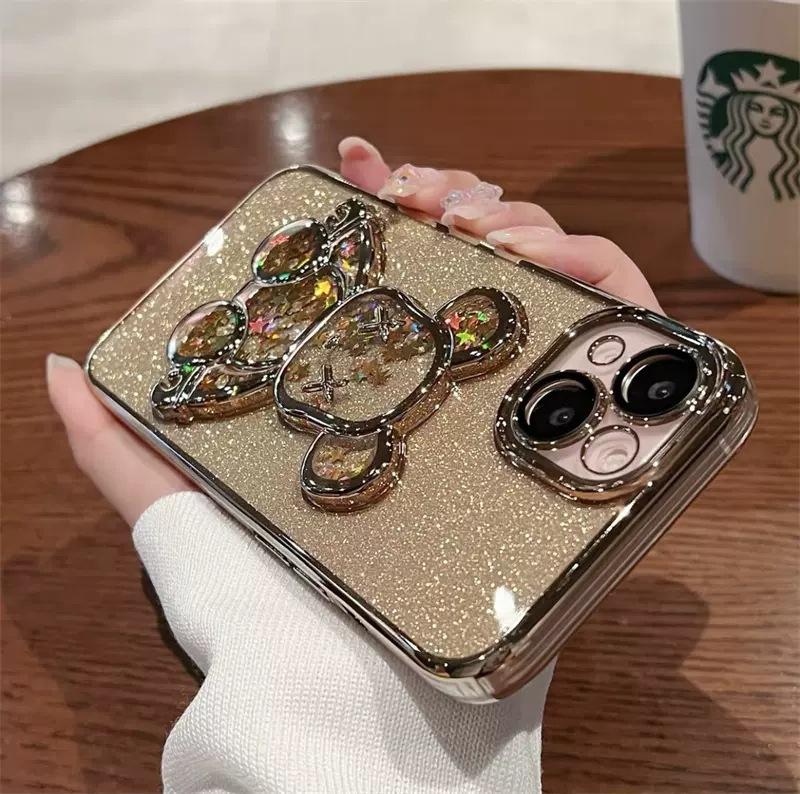 Electroplating quicksand violent bear is suitable for iPhone17 mobile phone case with glass lens film Apple 16 transparent soft case