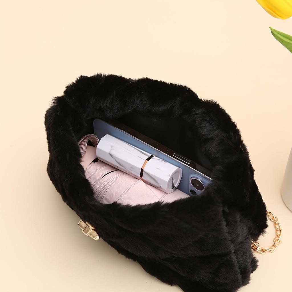 Lightweight Casual Faux Fur Crossbody Bag with Chain Strap and Turn-Lock Closure Fluffy Soft Messenger Shoulder Bag  Removable Strap and Nylon Lining