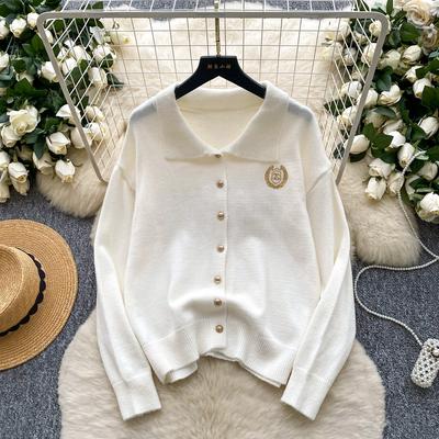 Spring Autumn Women College Style Polo Collar Embroidery Knitted Sweater Cardigans Tops for Student