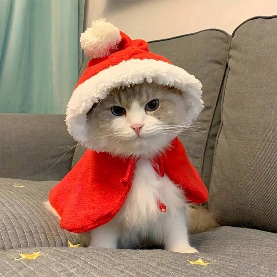 1-delig Kostuum - Rood en Wit Kerstman Kostuum Medium Katten, Faux Fur en Vlinderdas, Zacht Nylon Feestdagen Huisdierkostuum, Nieuwjaarsfoto Essentieel S rood