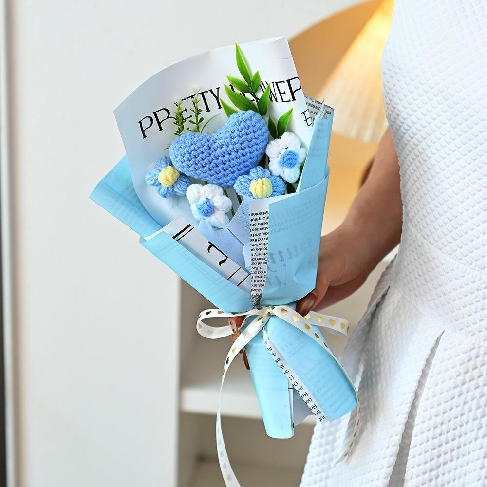

Knited Heart Artificial Flower Crochet Bouquet Wedding Guest Gift Valentine s Day Eternal Flowers Home Decoration синий