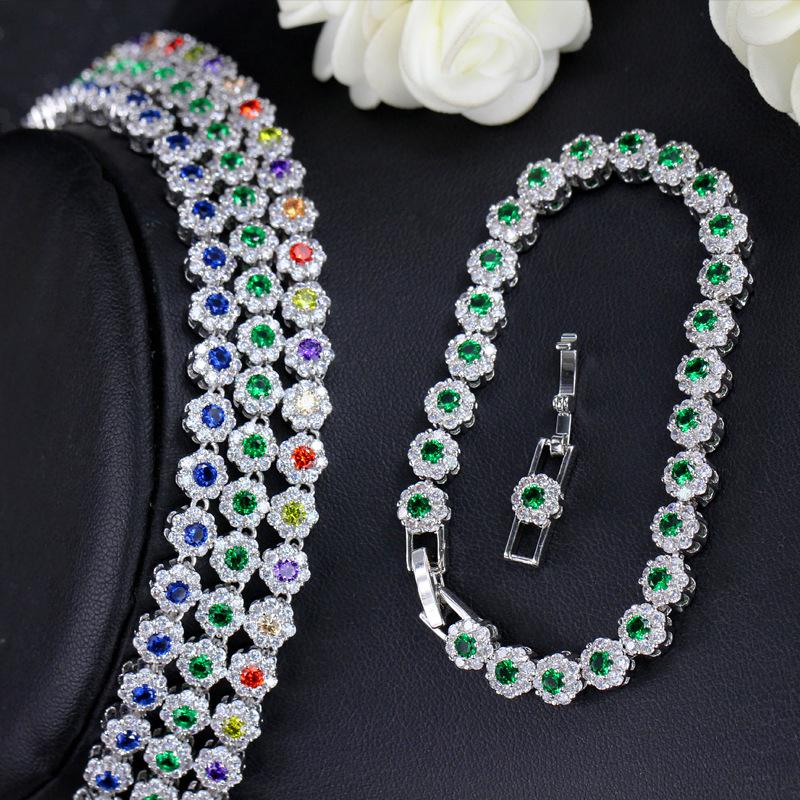 Zircons 3 Pcs CZ Green Crystal Bracelet Necklace and Earrings Sets Luxury Women Wedding Accessories Bride Jewelry Set T030