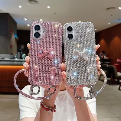 Premium Flash Diamond Bow Lanyard Mobile Phone Case Is Suitable for Apple 17Promax Women's Iphone16 Protective Case.