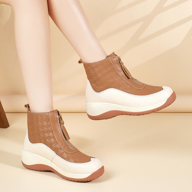 Chaussures de Sport à Plateforme pour Femmes Décontractées Bottines Noires en Cuir Chaussures à Semelle Compensée Baskets Hautes à Hauteur Augmentée