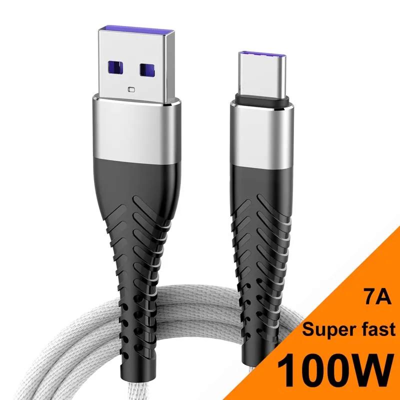 100W 7A Super Fast Charging USB Type C Cable Quick Charge 3.0Data Cord Nylon Braid for Samsung Galaxy Huawei Xiaomi Charger Wire