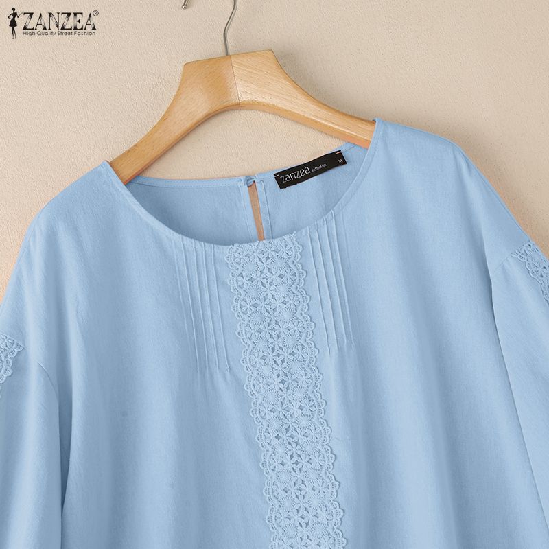 ZANZEA Women Casual Lace Crochet Splice Loose 3/4 Sleeve Blouse