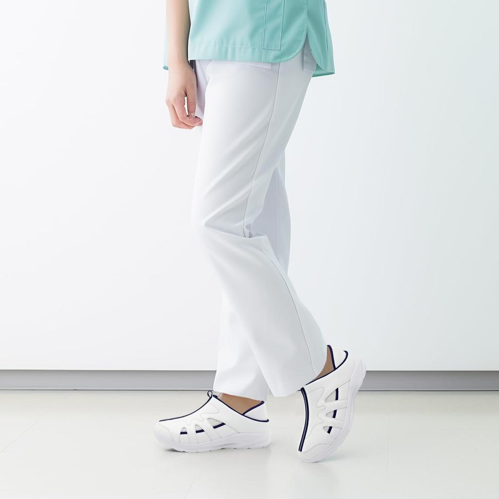 La BEAUTE Women's White Nurse Shoes, Comfortable, 2-Way, Ultra Lightweight, Wide 3E, Suitable for Nursing, White/Blue, Size 24.0