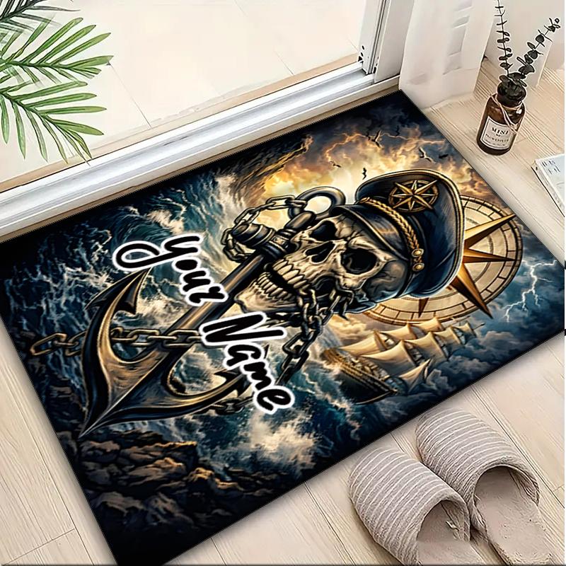 1PC Custom Name Nautical Skull Anchor Theme Floor Mat Ideal for Living Room, Game Rooms, Office, Bedroom,Floor Mat Playful Design