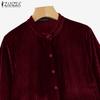ZANZEA Damen Vintage Stehkragen Langarm Taille Samtkleider