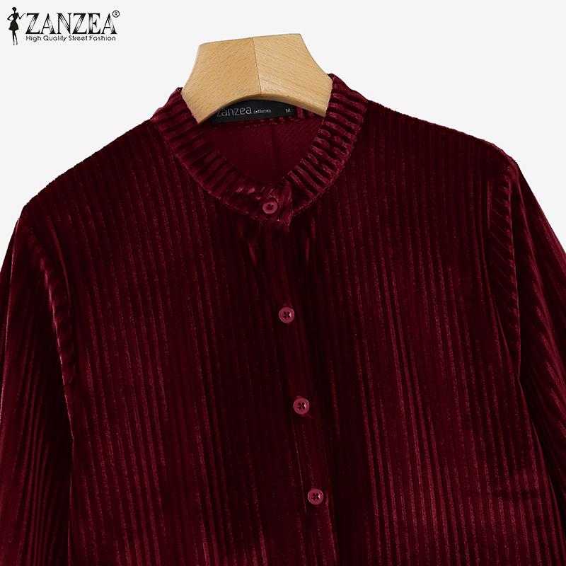 ZANZEA Damen Vintage Stehkragen Langarm Taille Samtkleider