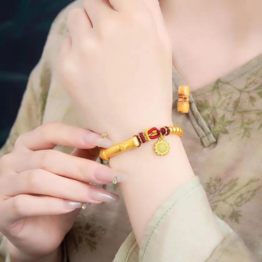 Lotus Seed Pod Half-Bangle Bracelet In Gold with Sunflower Accents and DIY Braided Rope Design