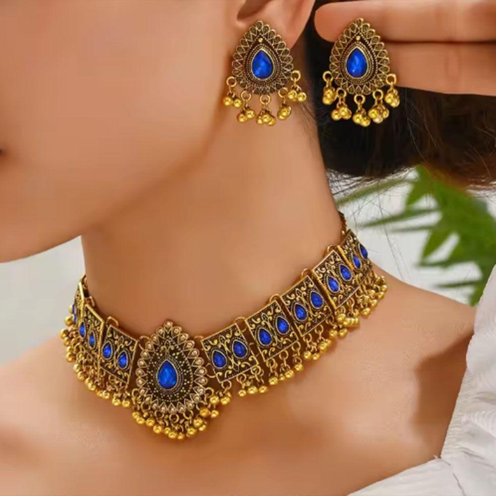 Ethnic Style Necklace Earrings Set Rhinestone Inlaid Women Jewelry Set  Women