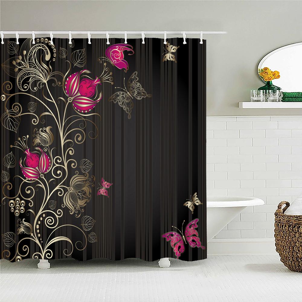 Zasłony prysznicowe z wzorem motyli 3D, zasłona łazienkowa z kwiatami, z haczykami, wodoodporna tkanina poliestrowa, zasłona z nadrukiem do łazienki