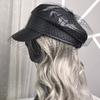 Fashion Lace Mesh Yarn Berets Hats For Women Girl Vintage Black Denim/Pu Flat Top Newsboy Caps Female Elegant Short Brim Sun Hat