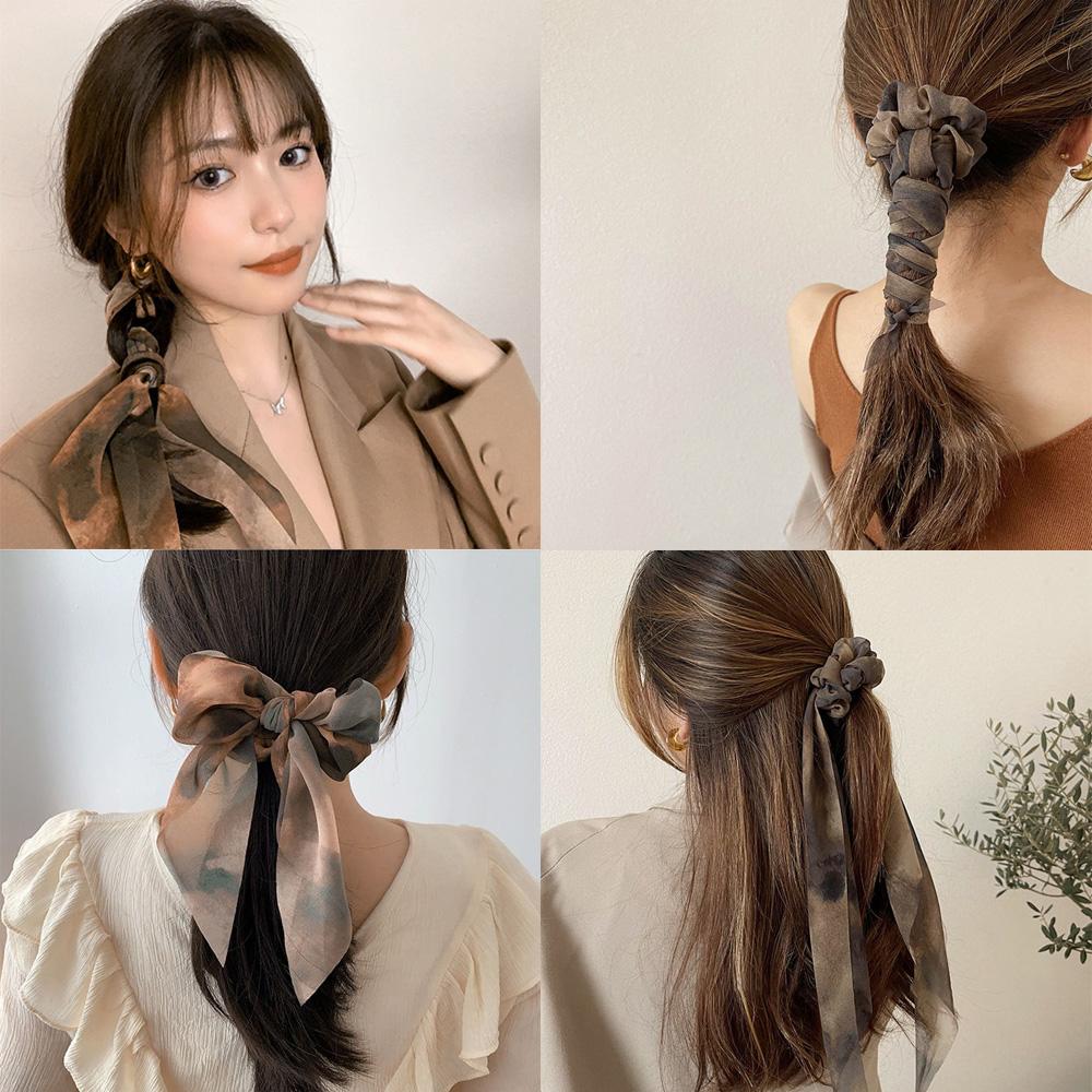 New Chiffon Tie Dye Print Long Hair Ribbon Scrunchies Elastic Hair Bands Women Girls Bow Ponytail Holder Hair Ties Accessories