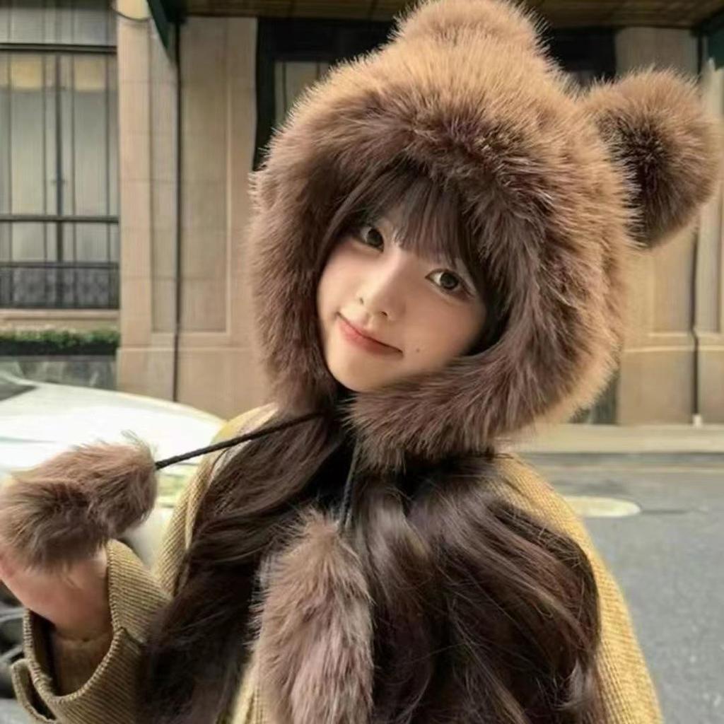 Women's Plush Bear Ear Hat: Cute, Thickened, Fox Fur, Wind & Snowproof Ear Protection