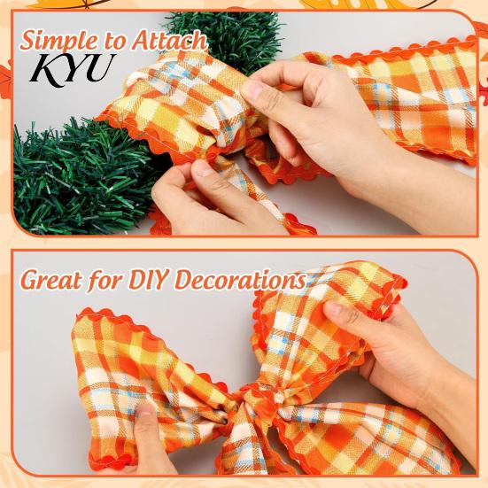 Front Door Wreath Bows Fall Scalloped Sash for Door, 55 Inch Plaid Gingham Autumn Wedding Ornament Thanksgiving Ribbon Harvest Yard Porch Doorway