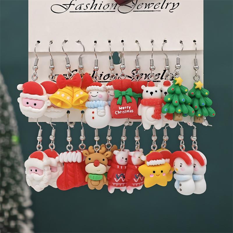 12PCS Sweet Santa Claus Christmas Tree Drop Earrings for Women Cute Cartoon Resin Elk Snowman Drop Earring Party Jewelry Gifts