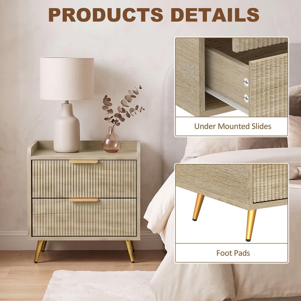 Bedside Table Cabinet with 2 Drawers Metal Legs Natural Wood Finish