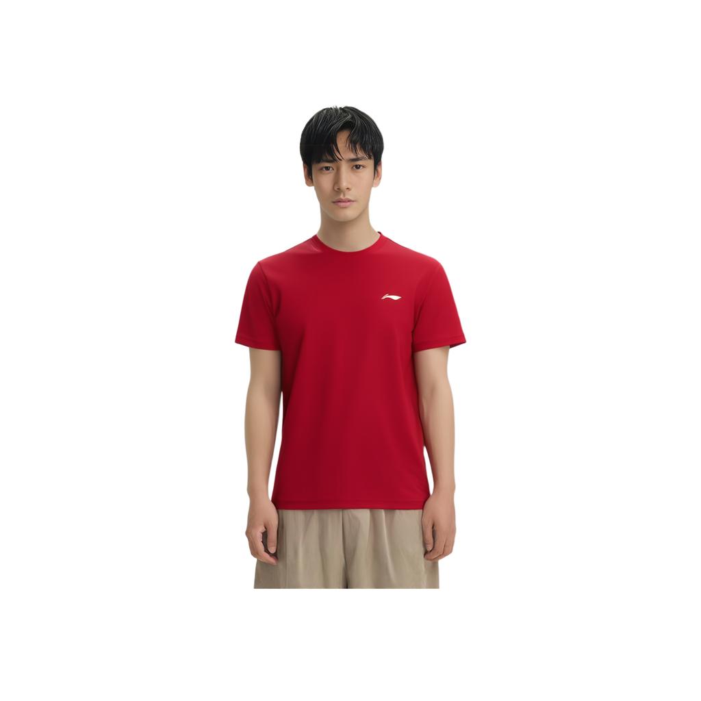 Li-Ning Einfarbige Logo-Sport-Trainings-T-Shirts für Herren, schnelltrocknend, atmungsaktiv, elastisch, aus Eis-Seide, Oberteile, Rot ATSS463-4