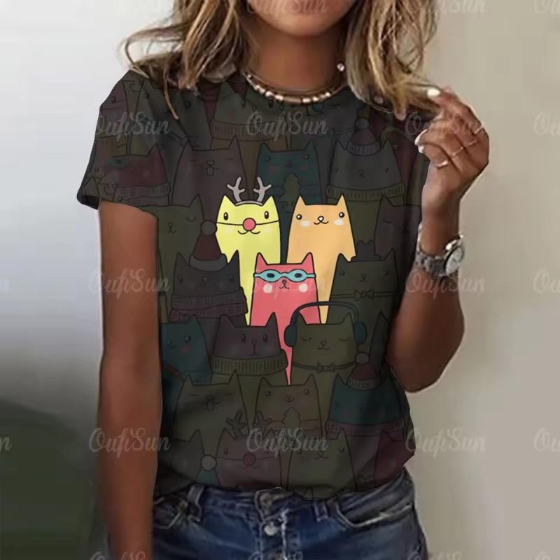 

Женская футболка с забавным принтом и рисунком кота, повседневная футболка с коротким рукавом, повседневные топы для женщин, одежда 6XL