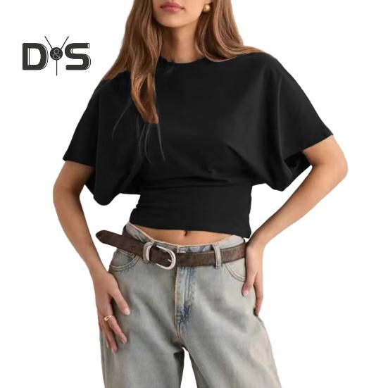 Dámské jednobarevné tričko s kulatým výstřihem Prodyšný ležérní top Letní pulovr s krátkým rukávem na práci, pro každodenní nošení, na večírky