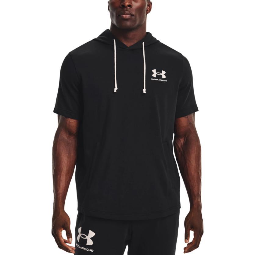 Under Armour Rival Terry Short Sleeve Hoodie With Drawstring And Solid Color Pattern Print Men Tops Black 1370396-001