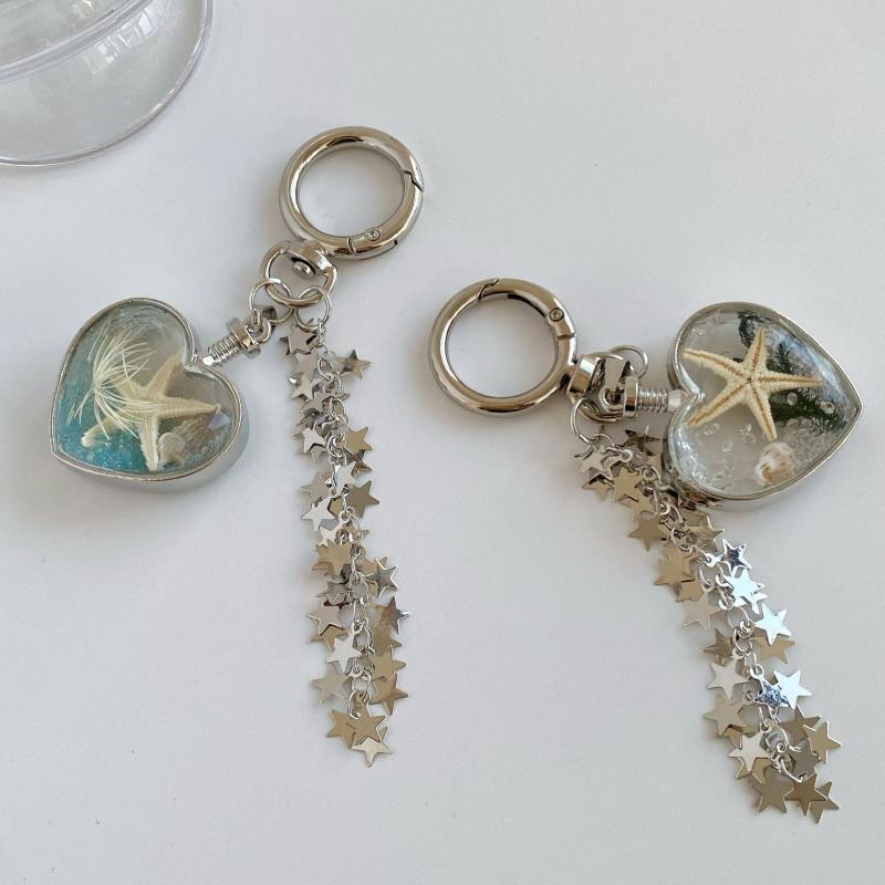 Y2K Style Summer Ocean Heart Keychain Ins Style Aesthetic Keyring Sweet Girly Keycord Fashion Bag Pendant Gifts