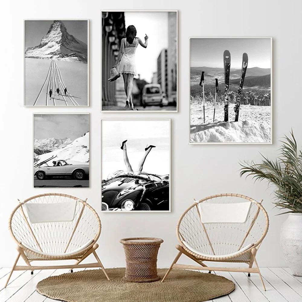 Black White Feminist Art Picture Poster Print Middle Finger Woman High Heels Classic Car Fashion Photography Girl Room Home Deco