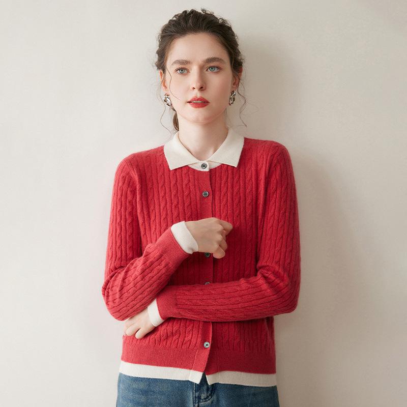 Women's Cashmere Blend Two-Tone Cable Knit Cardigan, Faux Two-Piece, Fold-Over Sweater, Loose Wool Coat