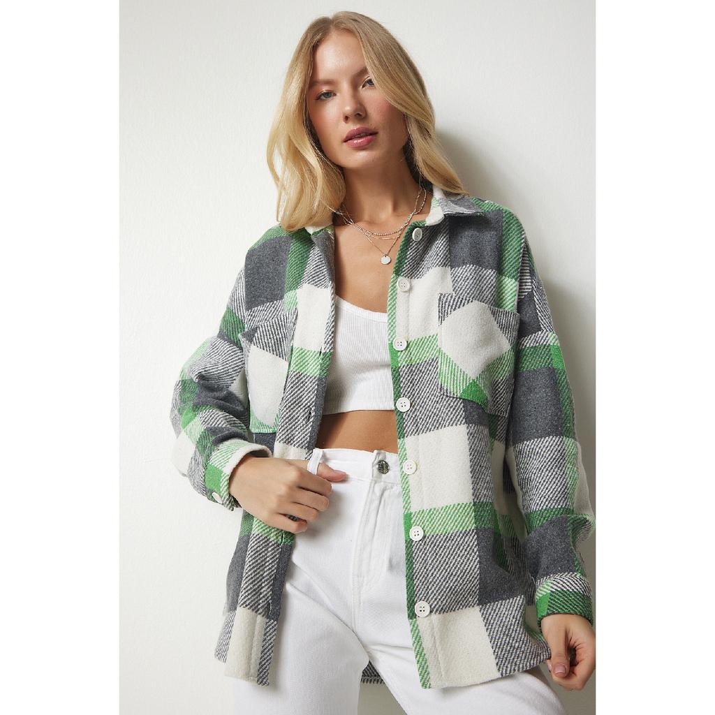 Dámská béžová krémová vzorovaná nadměrná kašmírová košile dřevorubce Tu00034