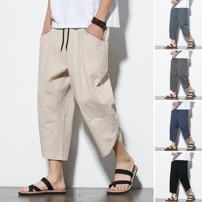 Trendy Men Summer Trousers Solid Color Comfortable Cropped Pants