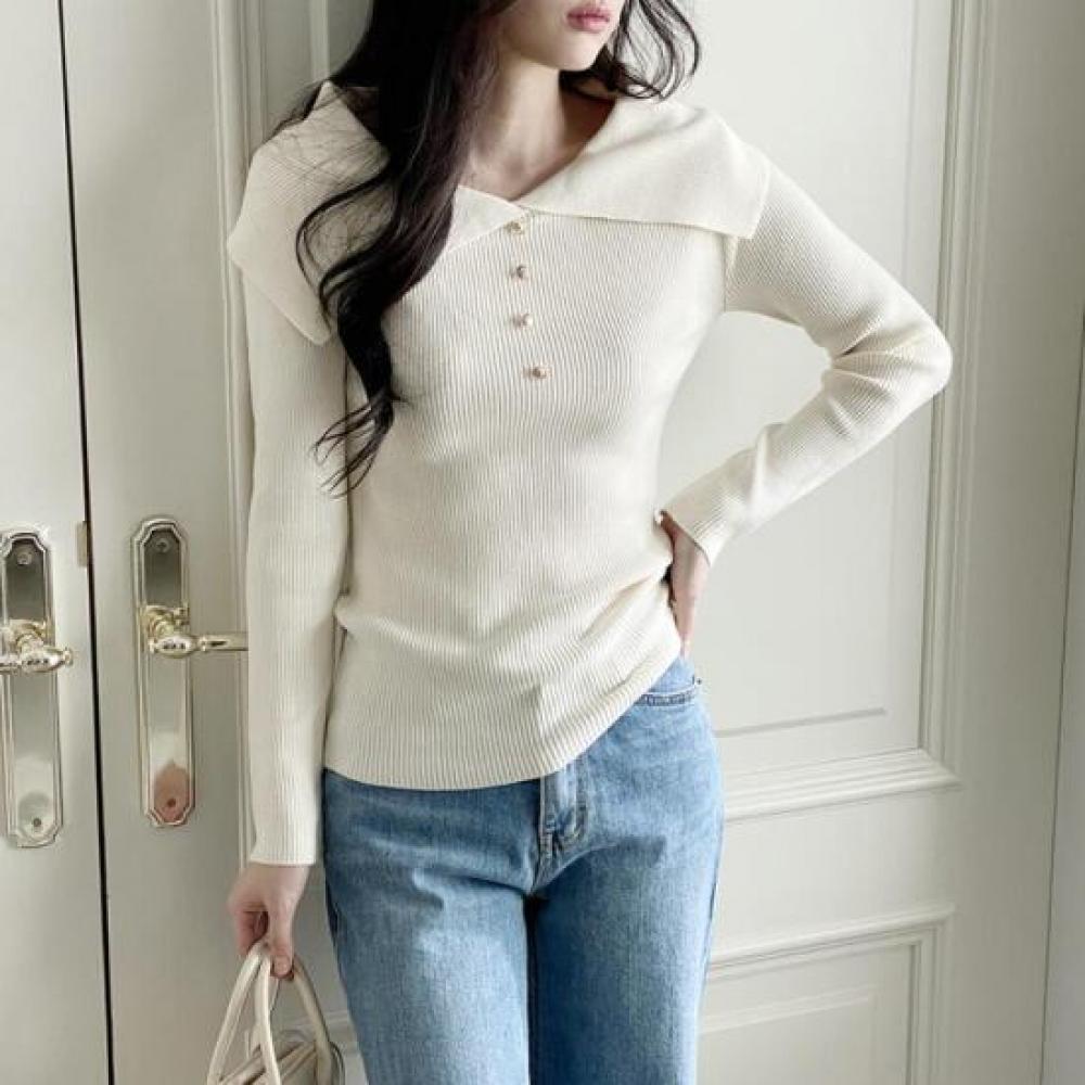 New ArriVals Open Run Slim Fit Ribbed Spring Knit V Neck Big Collar Gold Button