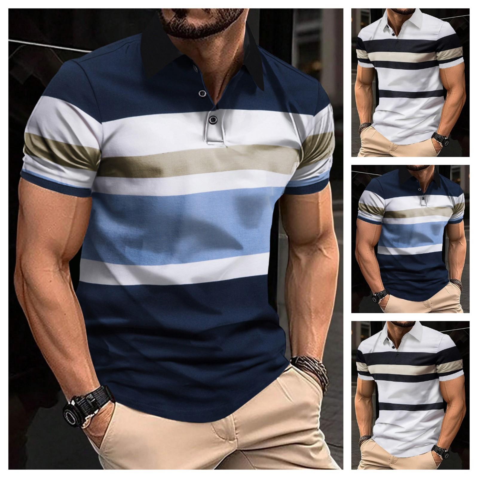 

Men s Summer Fashion Striped Print Casual Short Sleeve T-shirt Men L тёмно-синий