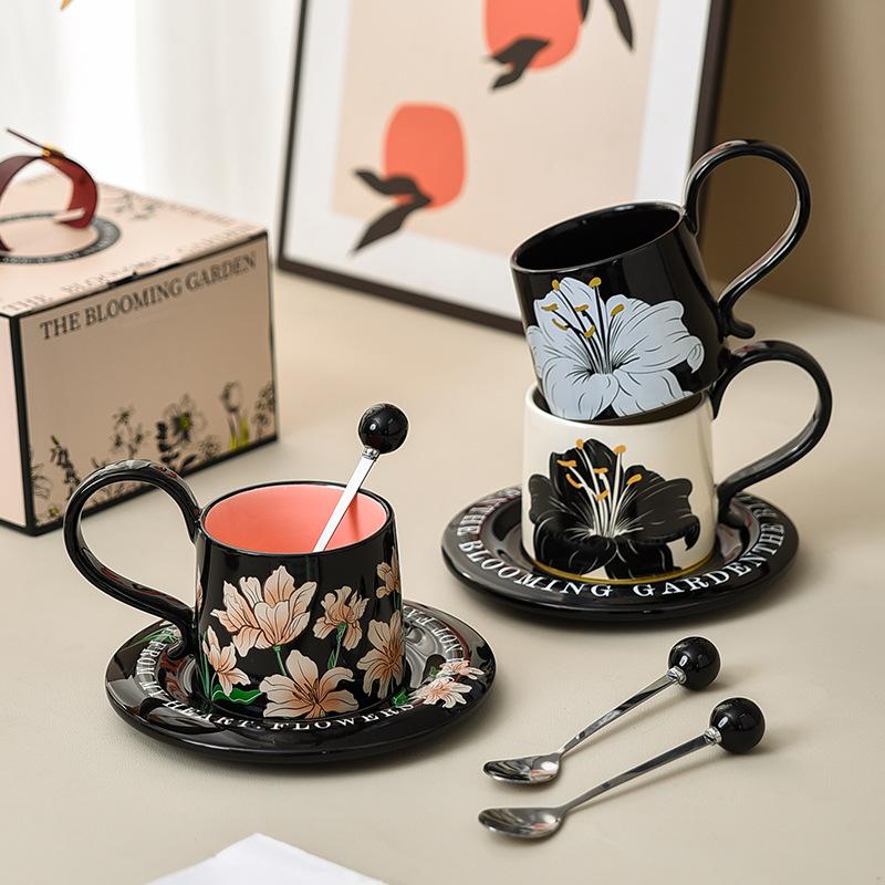 High ear Coffee Cup Saucer Set Gift Box for Women's High quality Ceramic High end Light Luxury Exquisite Afternoon Tea Cup with Spoon