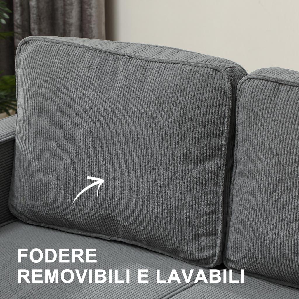 2-Seater Sofa with Storage Space and 2 Cushions, In Velvet-Effect Fabric and Wood, 140x63x79 Cm, Grey