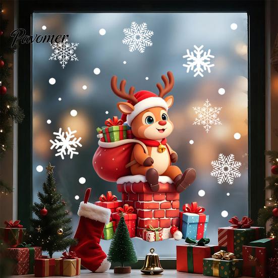 Waterproof Holiday Wall Decals 2 Pcs Christmas Window Stickers, Cartoon Cute Deer Rabbit Cling, Festive Party Glass Ornaments Winter Snowflakes Static