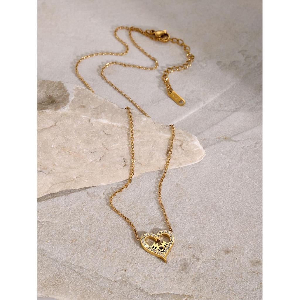 18k Gold Stainless Steel Heart MOM Necklace with Rhinestones, 45+5cm