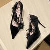 Fashion Elegant Lace Flower Brand Pumps Women Luxury Rhinestone Decoration Designer Shoes High Quality Faux Suede Shallow Evening Shoes