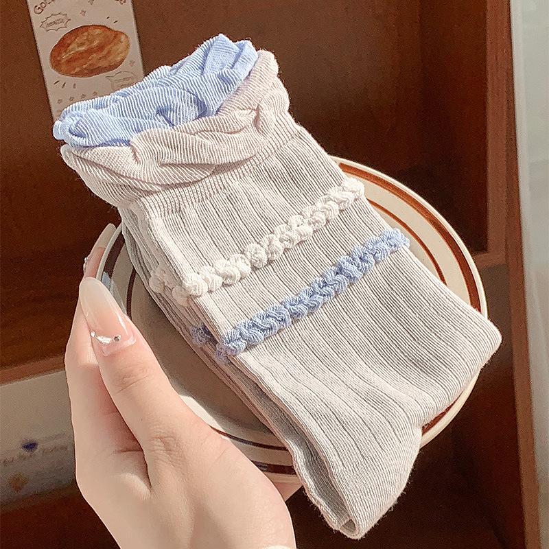 Bow Bubble Mouth Lolita Socks Style Spring And Autumn Mid-Tube Socks Lace Pile Socks