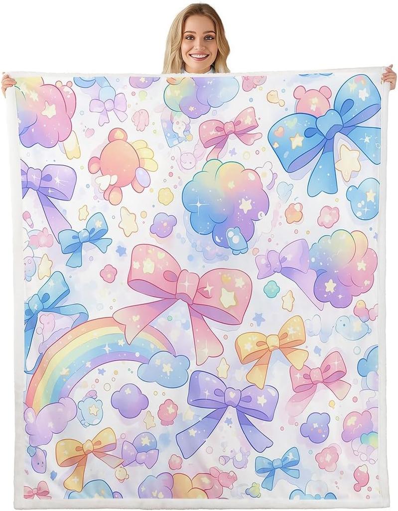 Blue Bow Pattern Blanket Soft Fleece Throw Elegant Home Decor Gift for Women Girls Bedroom Bedding Cover