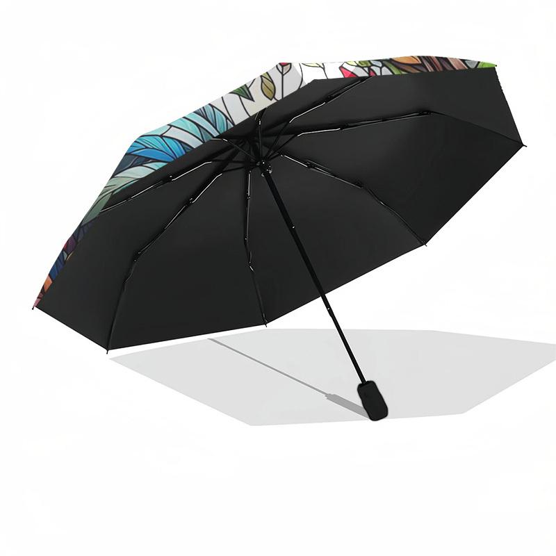 1 Stück Buntglas Hahn Design Automatisches Öffnen/Schließen Regenschirm - Tragbares Dreifach faltbares Design mit 8-Speichen Eisenrahmen - Outdoor - Ideales Geschenk für Fans,