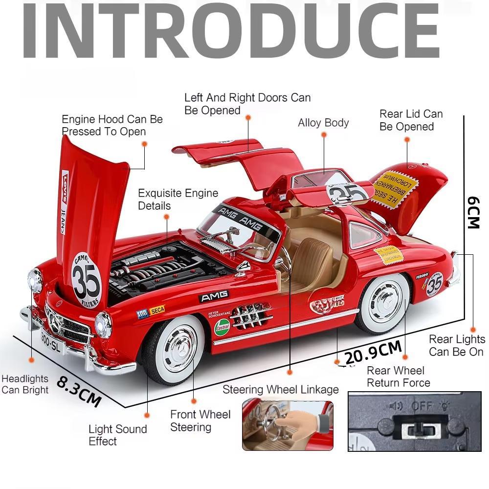 2025 New 1:24 Benzs 300SL Track Version Alloy Car Model Diecast Metal Toy Classic Vehicles Car Model Simulation Sound and Light Kids Gift